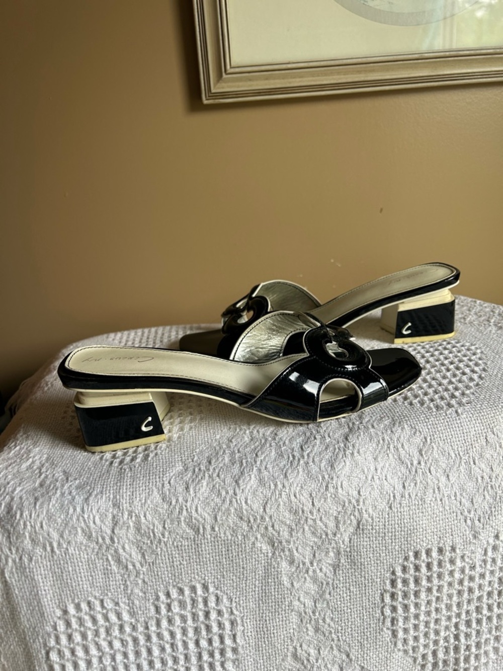 Black Patent Slide Mules with Ivory Accent Heel - Picture 5 of 11